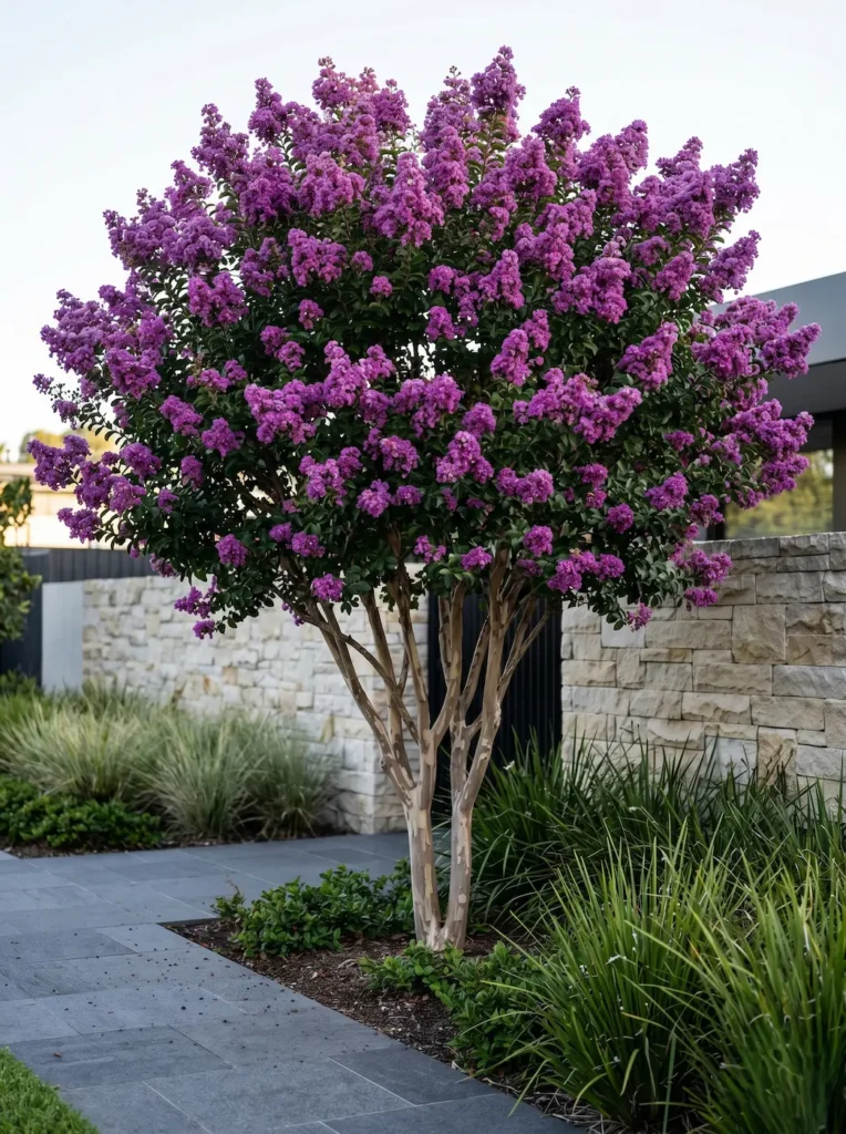lagerstroemia Catawba | jardinesconestiloes Lagerstroemia Catawba Lagerstroemia Indica La Arquitectura Escultórica Del Paisaje Mediterráneo'Catawba' multitronco con floración púrpura brillante junto a un sendero de granito flameado oscuro.