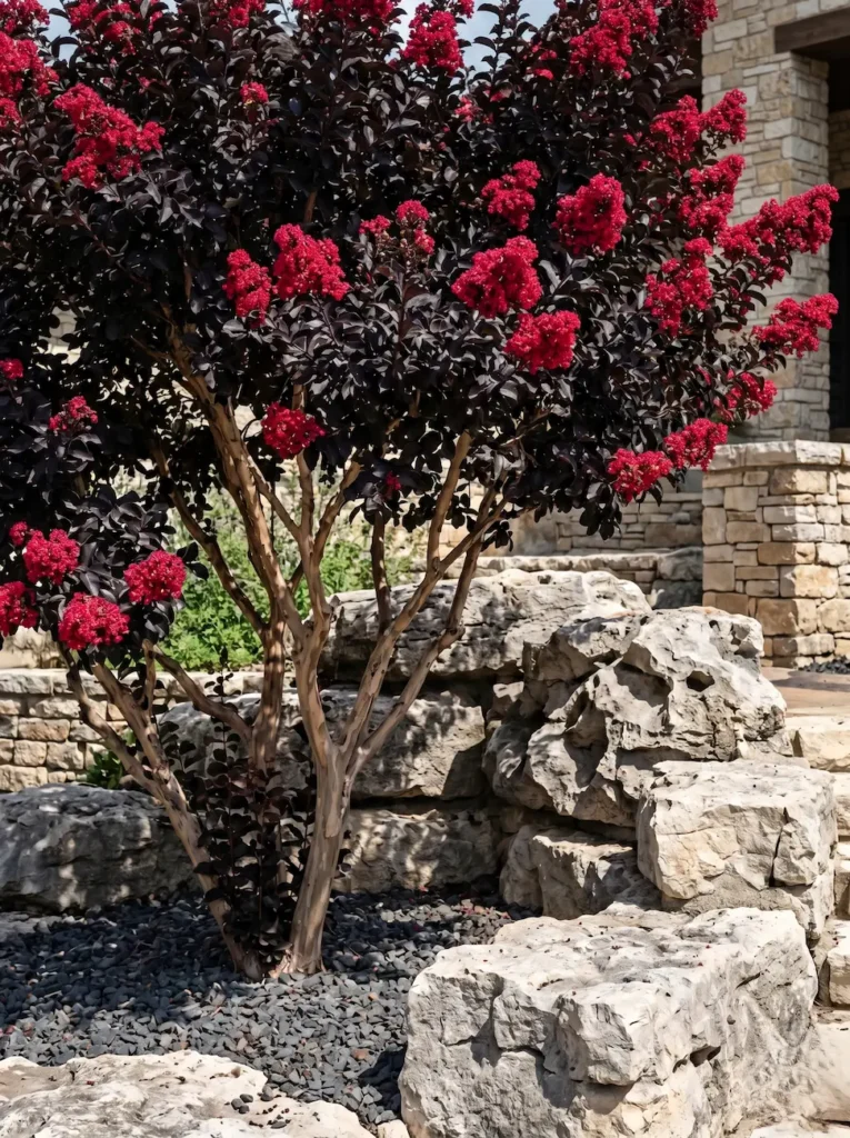lagerstroemia Center Stage Red | jardinesconestiloes Lagerstroemia Center Stage Red Lagerstroemia Indica La Arquitectura Escultórica Del Paisaje Mediterráneo'Center Stage Red' con follaje negro y floración roja cereza integrada en una rocalla de piedra caliza natural rústica.