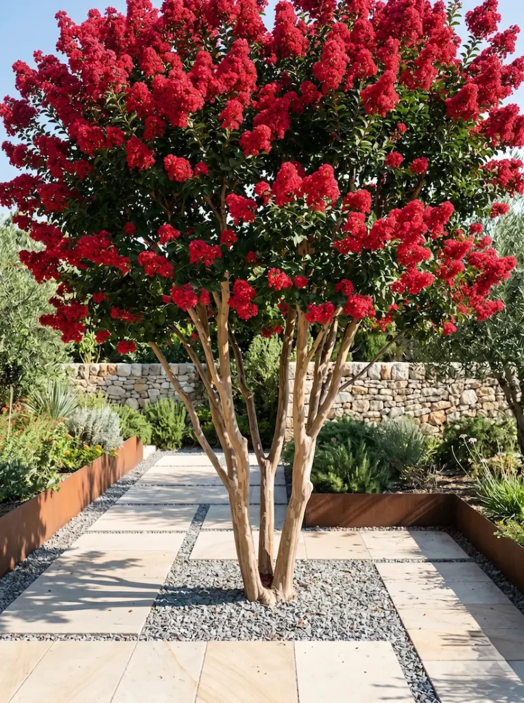 lagerstroemia dynamite ejemplar jce | jardinesconestiloes Lagerstroemia Dynamite Ejemplar Jce Lagerstroemia Indica La Arquitectura Escultórica Del Paisaje Mediterráneo'Dynamite' multitronco de talla vivero con floración roja vibrante y corteza auténtica exfoliante junto a acero corten y piedra arenisca.