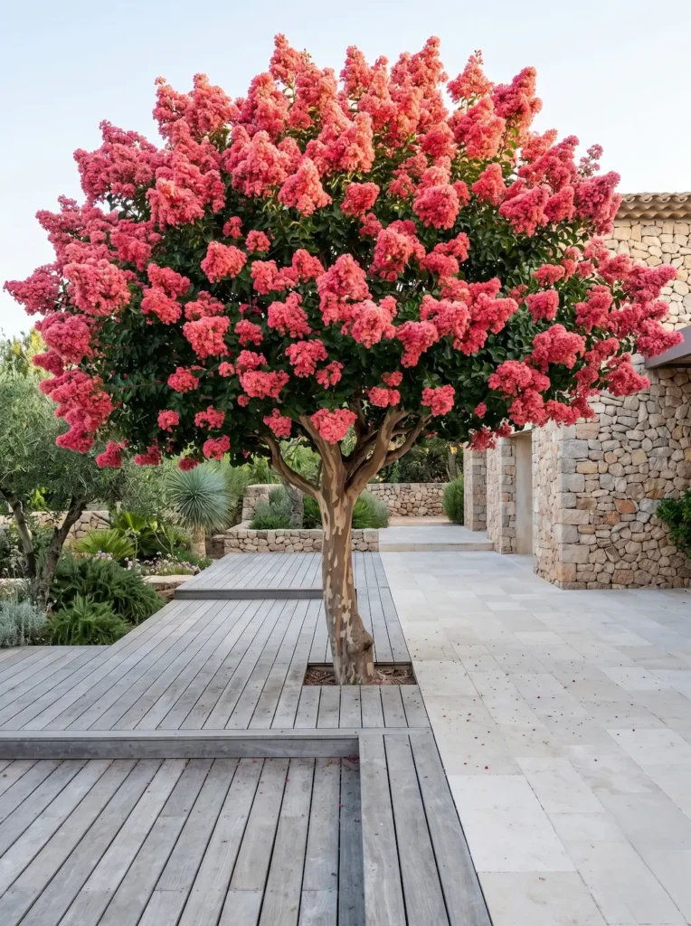 lagerstroemia tuscarora | jardinesconestiloes Lagerstroemia Tuscarora Lagerstroemia Indica La Arquitectura Escultórica Del Paisaje Mediterráneo'Tuscarora' en porte arbóreo con floración coral grande junto a un pavimento de madera envejecida y piedra natural dry-stack.