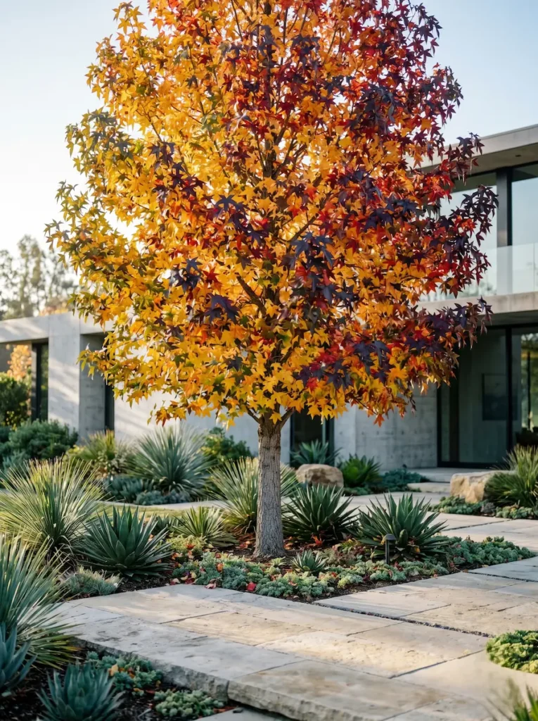 Liquidambar Gran Ejemplar En Fachada Jardín Liquidambar Styraciflua La Arquitectura Cromática Del Paisaje Otoñal