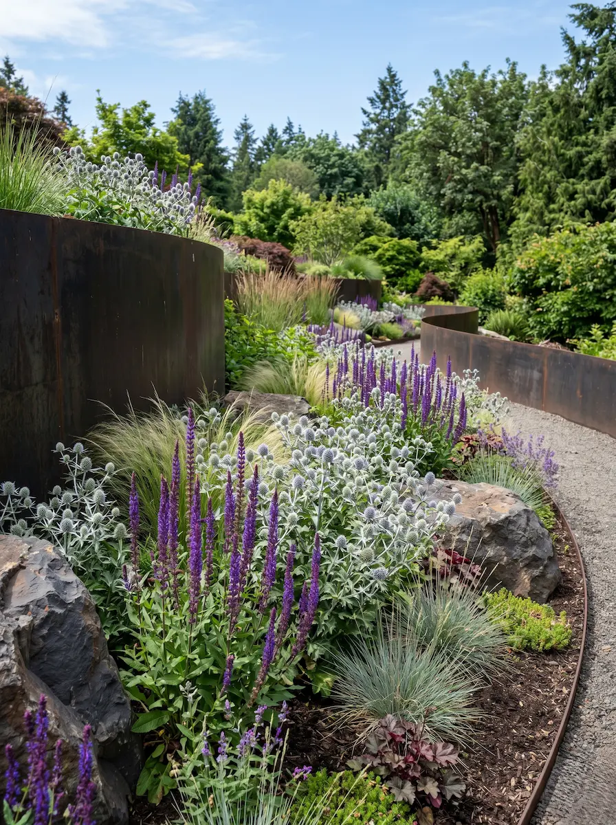 Macizo Con Salvia Nemorosa Y Cardo Azul El Orden Botánico Cómo Seleccionar Las Plantas Para Un Jardín Desde Cero