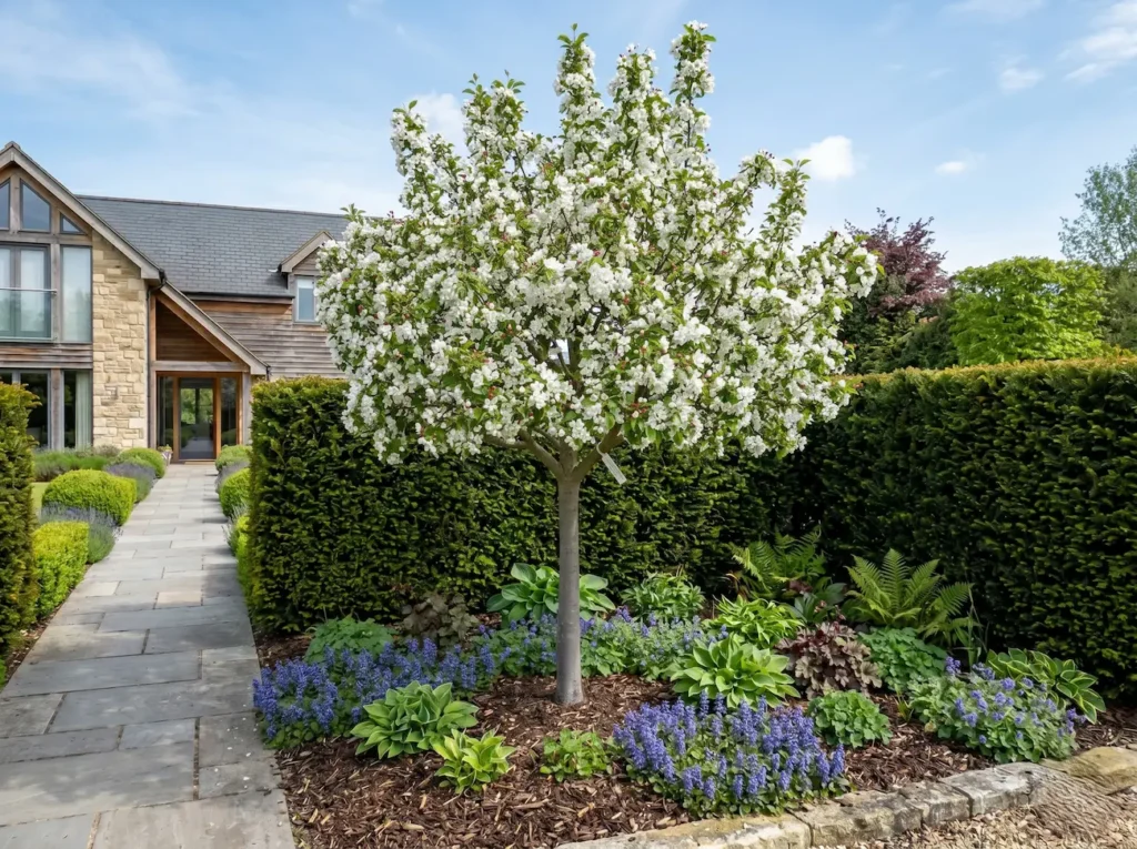malus evereste integrado en jardín | jardinesconestiloes Malus Evereste Integrado En Jardín Malus Evereste La Atracción Floral Y La Geometría Cuidada'Evereste' de 4 metros con cruz a 1,80 m, mostrando su integración paisajística bajo un estándar profesional.