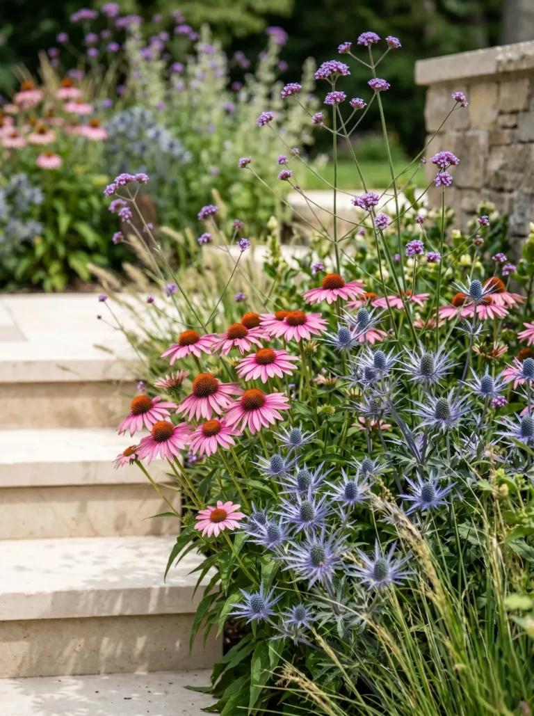 Detalle botánico entrelazado de equináceas rosadas, cardo corredor azul y verbena violeta junto a escalones de piedra natural.