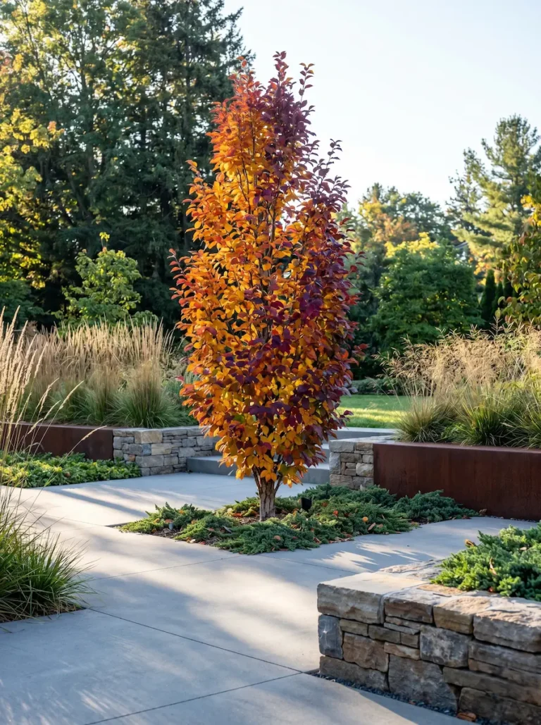 Ejemplar de Parrotia persica 'Persian Spire' en otoño, aportando verticalidad y un diseño cuidado al paisaje.