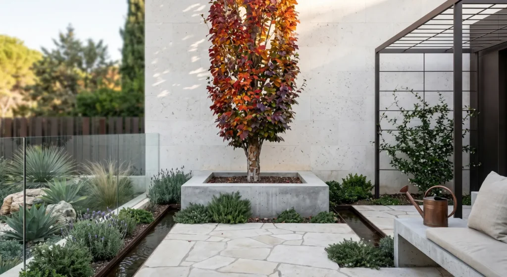 parrotia persian spire integrada en porche | jardinesconestiloes Parrotia Persian Spire Integrada En Porche Parrotia Persica persian Spire La Columna De Color Y La Tectónica Vertical'Persian Spire' de 4 metros con cruz a 1,80 m, mostrando su integración paisajística bajo un estándar profesional.