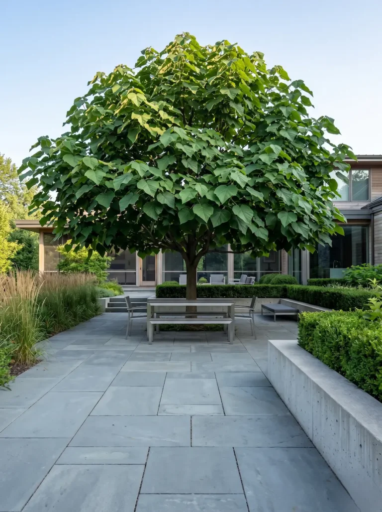 Ejemplar maduro de Árbol Kiri (Paulownia tomentosa), aportando volumen rápido y un diseño cuidado al exterior.