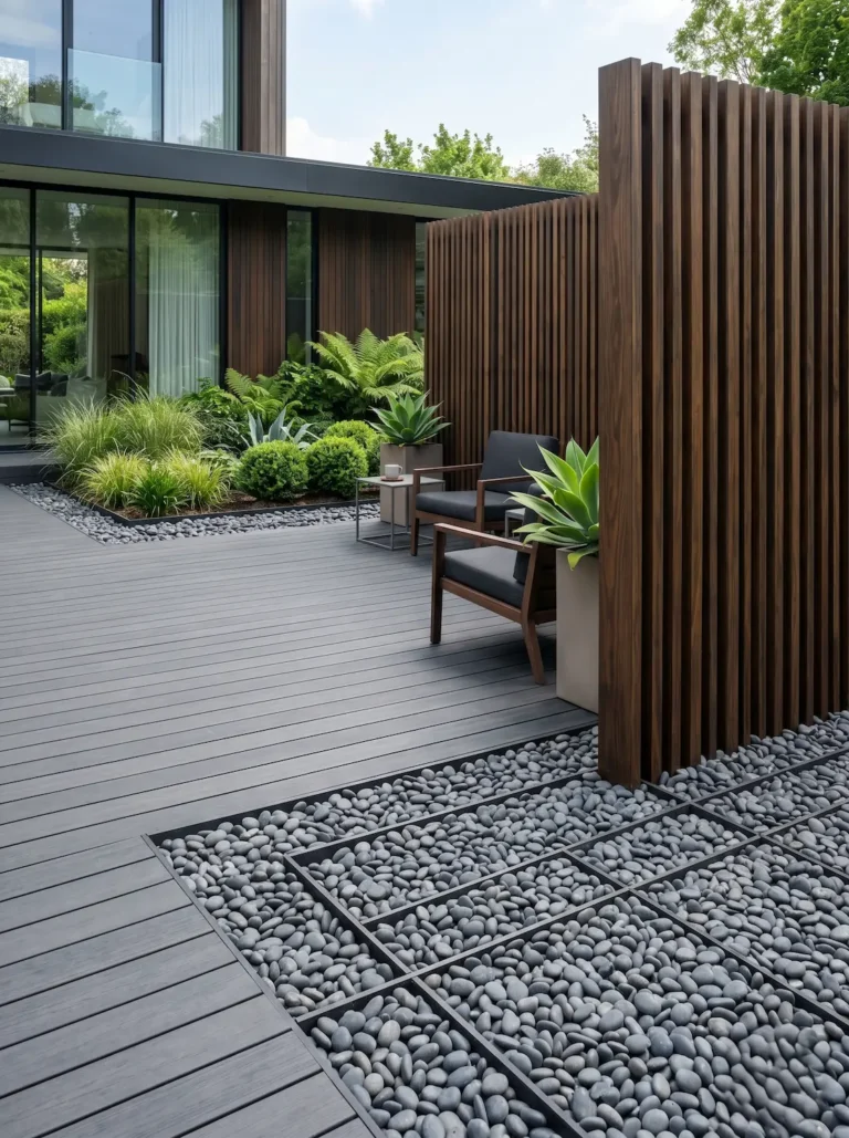 Pavimento de composite tecnológico en color antracita con líneas limpias, celosías de madera termotratada y cantos rodados oscuros.
