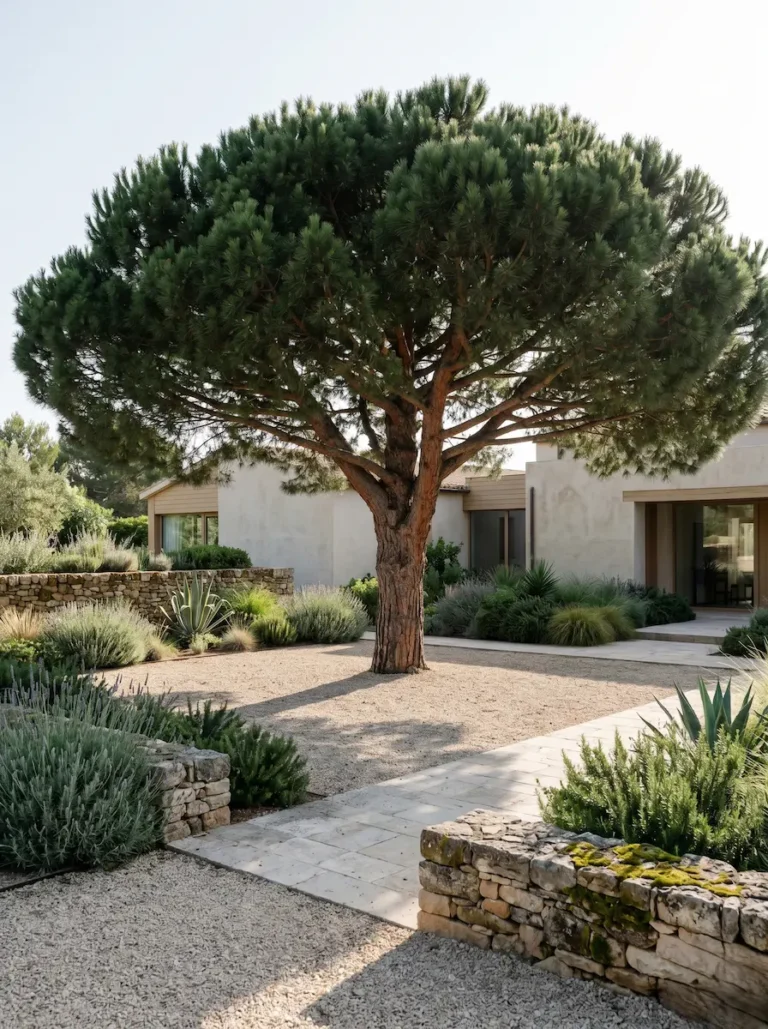 Ejemplar maduro de Pino piñonero (Pinus pinea), aportando estructura y un diseño cuidado al exterior.