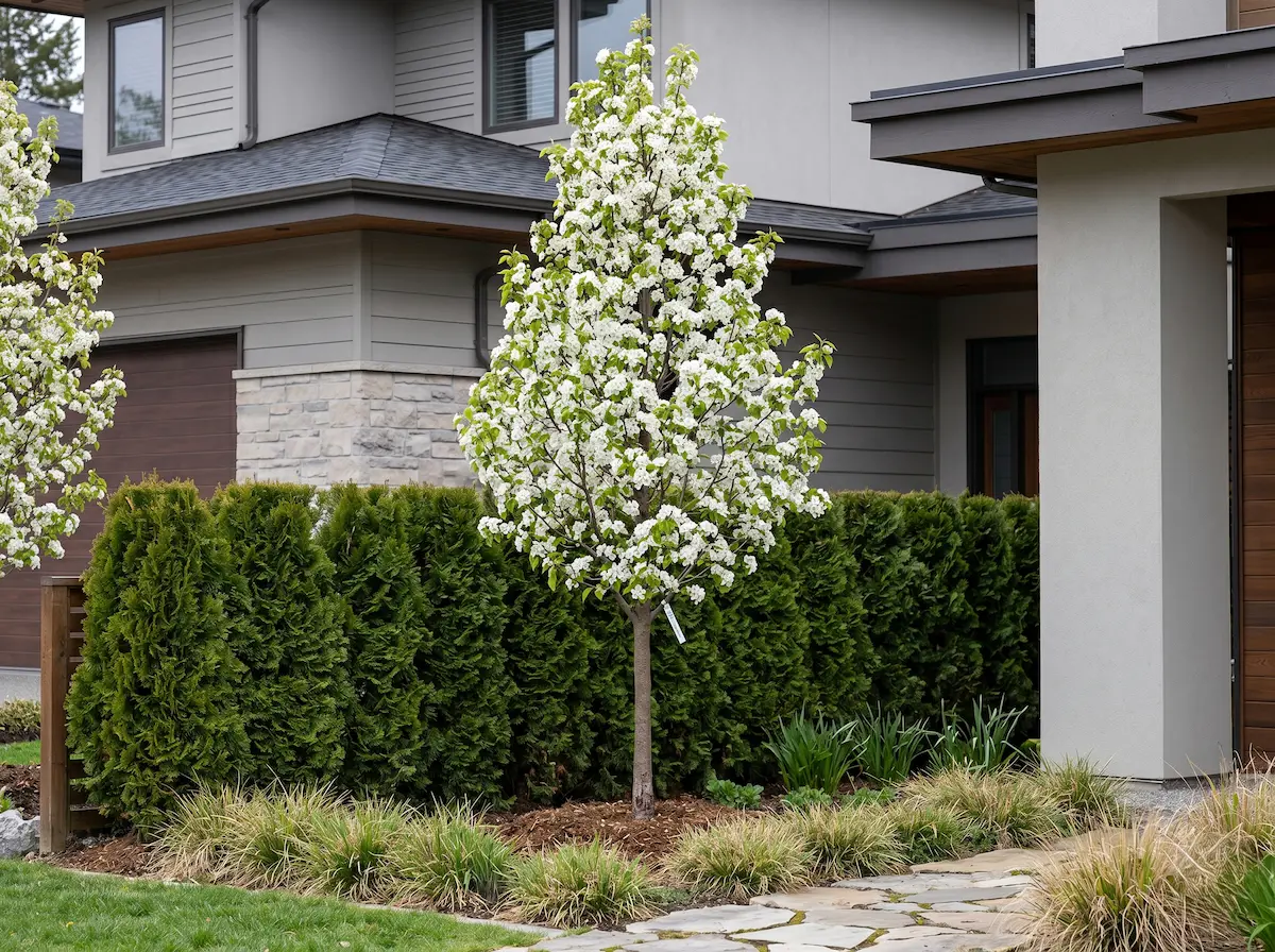 pyrus calleriana en fachada casa | jardinesconestiloes Pyrus Calleriana En Fachada Casa Pyrus Calleryana chanticleer La Geometría Perfecta Y El Espectáculo Estacional'Chanticleer' de 4 metros con cruz a 1,80 m, mostrando su integración paisajística bajo un estándar profesional.