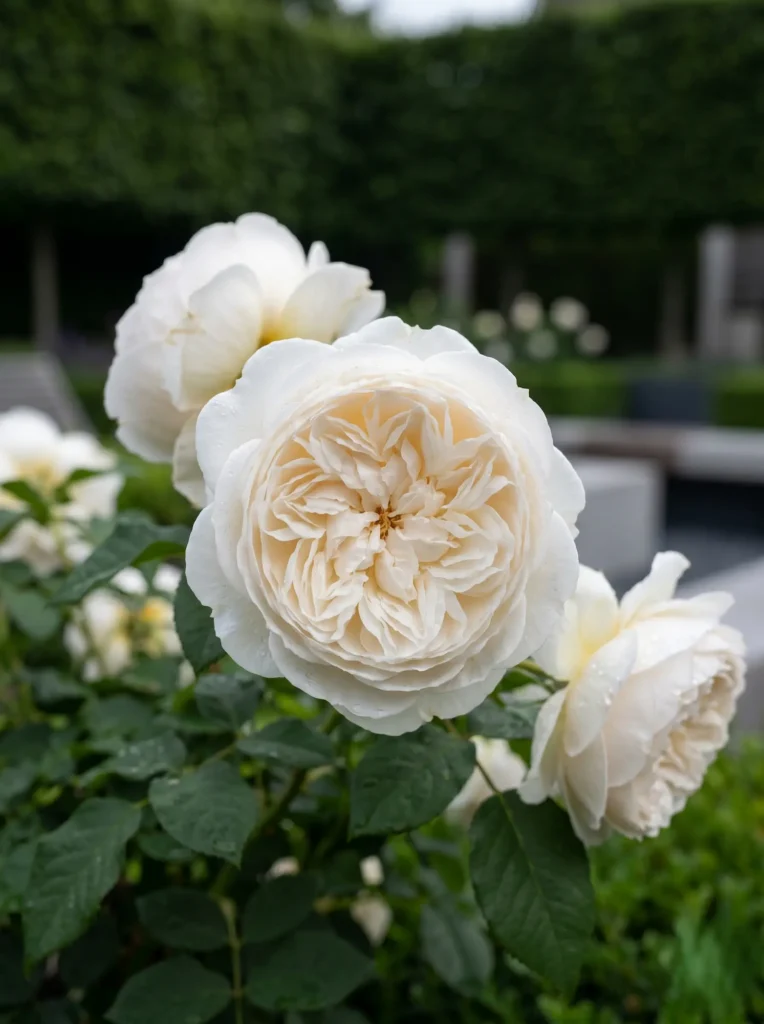 rosa claire austine | jardinesconestiloes Rosa Claire Austine La Escultura Lumínica Diseño Cuidado Con Rosales Blancos En Paisajismo Contemporáneo'Claire Austin', aislada visualmente mediante un elegante efecto bokeh sobre un seto verde oscuro.