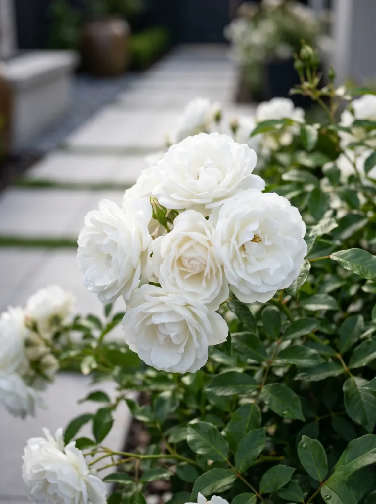 Detalle botánico en plano medio de rosales floribunda de pétalos blancos inmaculados, con un suave desenfoque de fondo (bokeh) que insinúa un pavimento contemporáneo de piedra.
