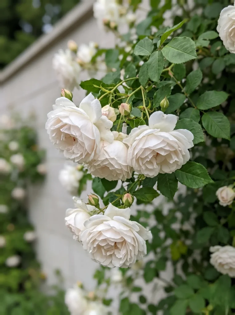 rosal mme carriere | jardinesconestiloes Rosal Mme Carriere La Escultura Lumínica Diseño Cuidado Con Rosales Blancos En Paisajismo Contemporáneo'Mme Alfred Carrière' en primer plano, destacando sobre un fondo desenfocado de mampostería moderna.