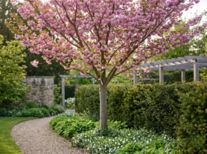 serrulata kanzan en flor | jardinesconestiloes Serrulata Kanzan En Flor Prunus Serrulata kanzan La Eclosión Primaveral Y El Volumen Escultural'Kanzan' de 4 metros de altura, con cruz a 1,70m, mostrando su integración paisajística bajo un estándar profesional.