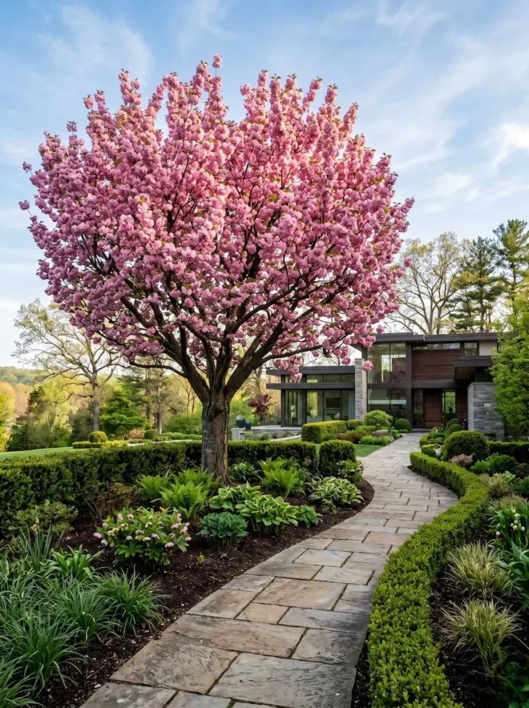 serrulata kanzan en jardín cabecera | jardinesconestiloes Serrulata Kanzan En Jardín Cabecera Prunus Serrulata kanzan La Eclosión Primaveral Y El Volumen Escultural'Kanzan') en floración, aportando un espectáculo de calidad y un diseño cuidado.