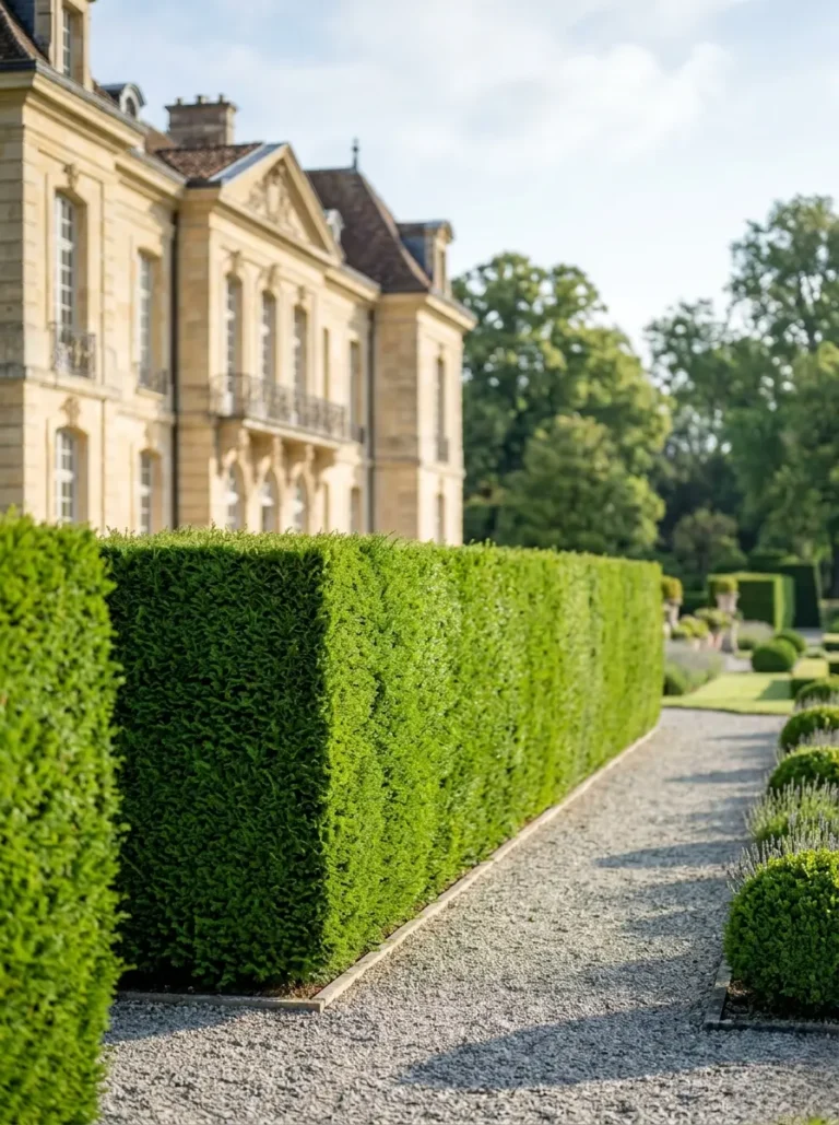 Detalle arquitectónico de un muro vegetal de Tuya (Thuja occidentalis) perfectamente podado a escuadra, estableciendo una transición orgánica hacia un pavimento de piedra.