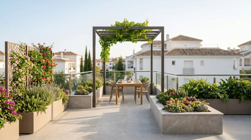terraza con pérgola pleno sol | jardinesconestiloes Terraza Con Pérgola Pleno Sol Plantas Para Terrazas Soleadas El Reto Del Calor En La Orientación Sur