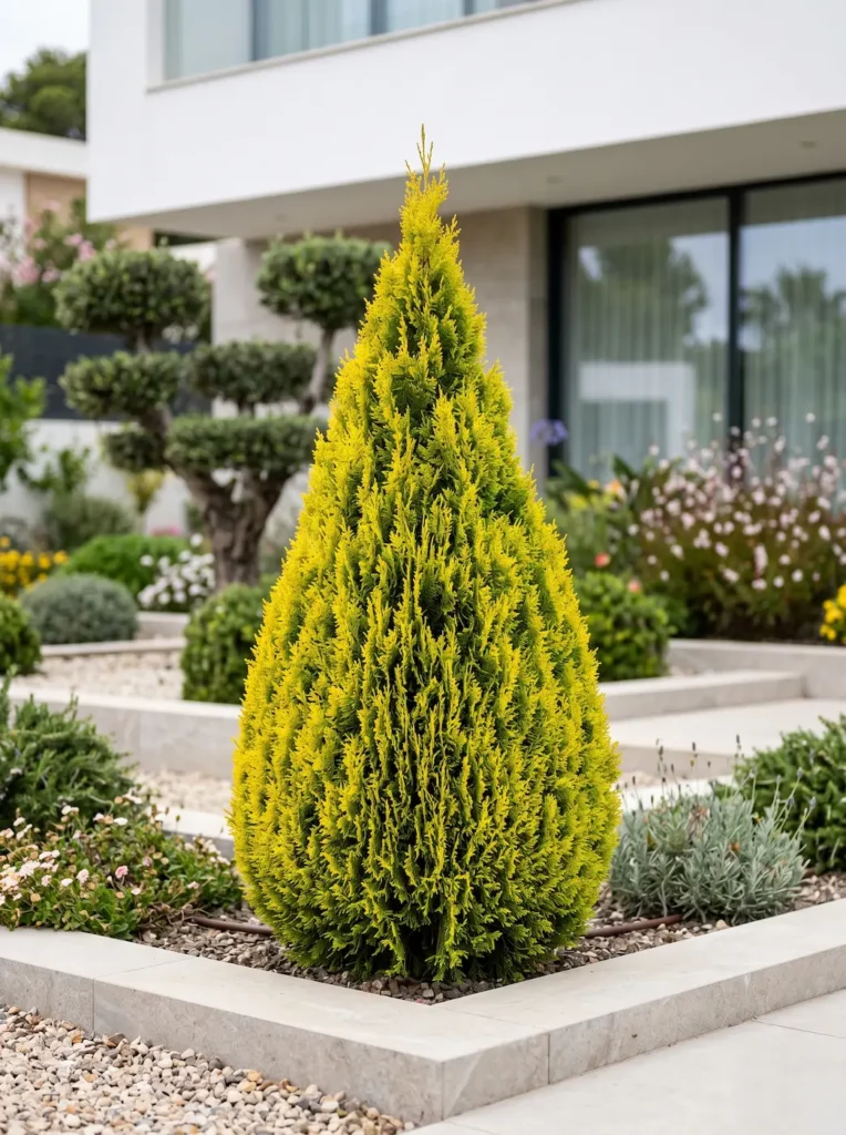 tuya piramidal aurea | jardinesconestiloes Tuya Piramidal Aurea Coníferas Para Jardín Arquitectura Orden Y Diseño De Excelencia'Aurea' aportando volumen y color dorado en un jardín de autor.