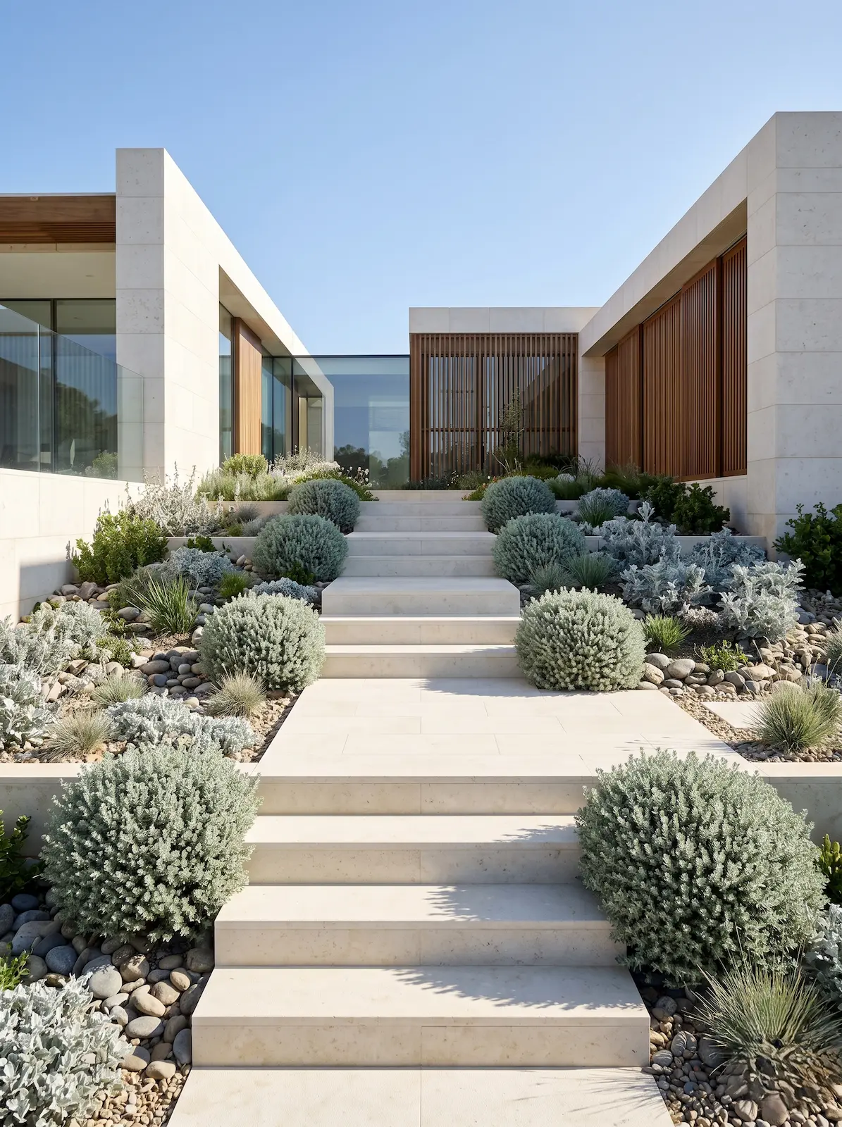 westringia flanqueando escaleras acceso chalet | jardinesconestiloes Westringia Flanqueando Escaleras Acceso Chalet Westringia Fruticosa La Arquitectura Plateada