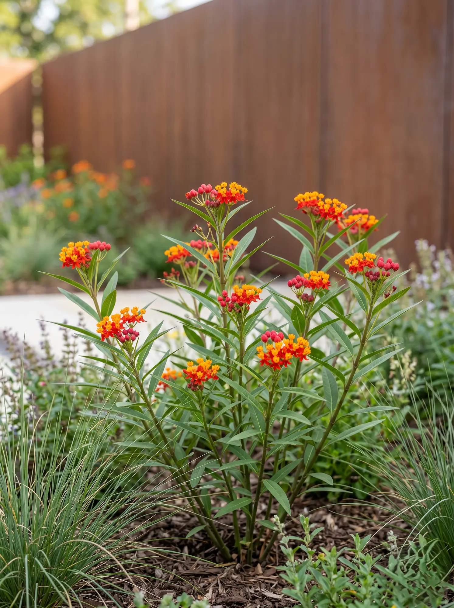 Asclepias curassavica Red Butterfly | jardinesconestiloes Asclepias Curassavica Red Butterfly El Algodoncillo En El Diseño Exterior Atracción Biológica Y Rigor Estructural'Red Butterfly' integradas frente a un fondo arquitectónico de acero corten.