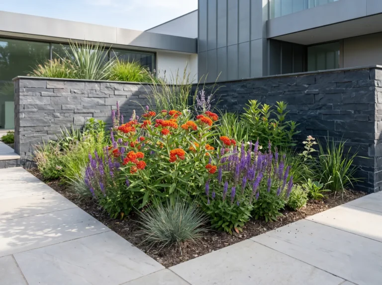 Plano medio bajo luz natural diurna, mostrando la floración naranja del Asclepias curassavica orgánicamente integrada junto a Salvia nemorosa frente a un muro de piedra pizarra.