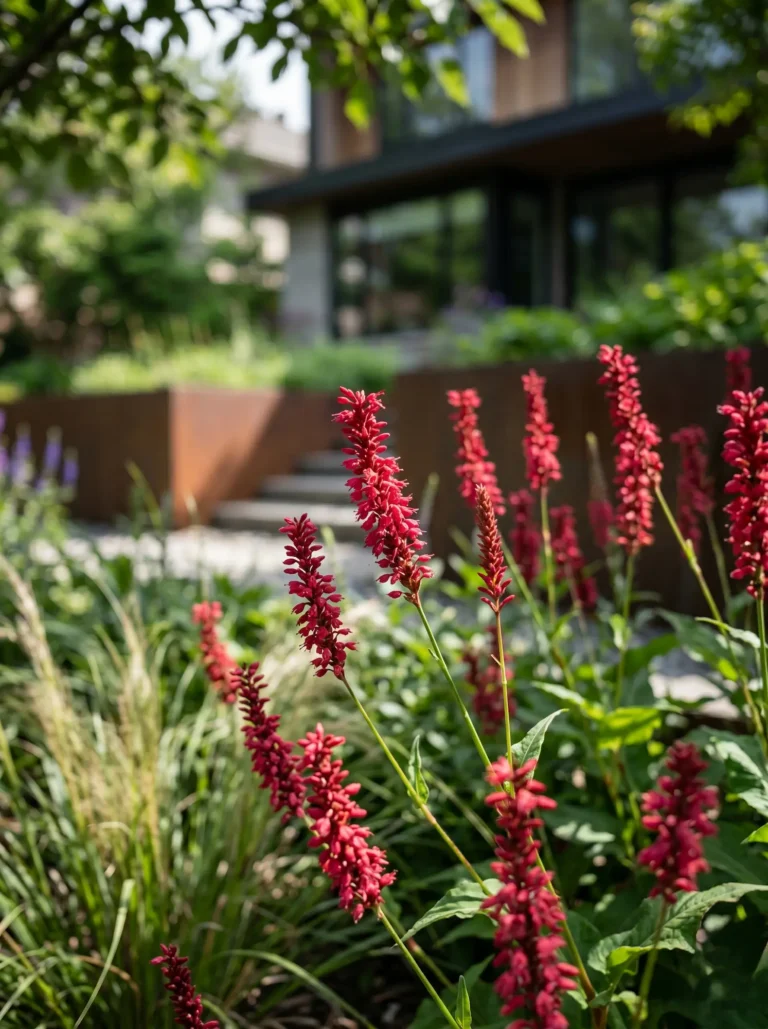 Detalle botánico de las espigas rojas de Bistorta amplexicaulis 'Firedance' creciendo orgánicamente frente a un muro de contención de acero corten desenfocado.