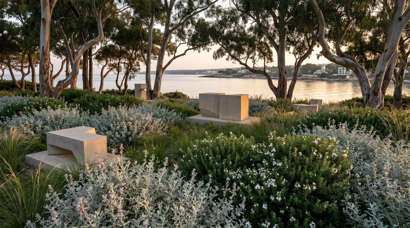 Eucaliptos de troncos orgánicos | jardinesconestiloes Eucaliptos De Troncos Orgánicos Paisajismo Costero Arquitectura Viento Y Matrices Botánicas Frente Al Mar