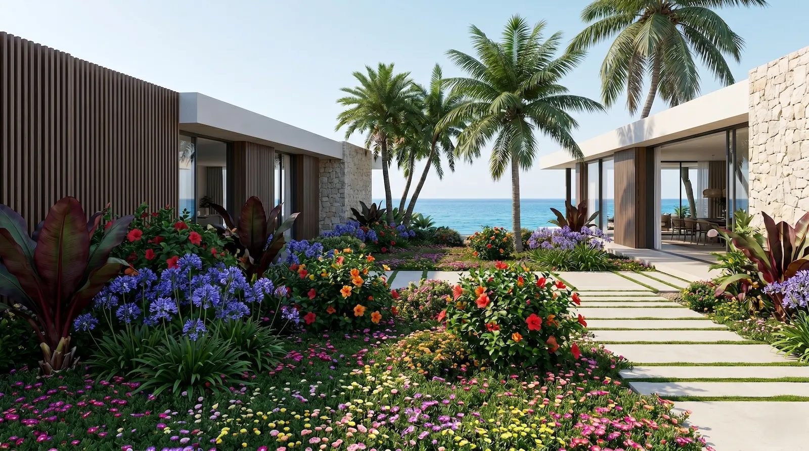 Matriz botánica exótica y costera con Agapantos Hibiscos | jardinesconestiloes Matriz Botánica Exótica Y Costera Con Agapantos Hibiscos Tensión Cromática En El Paisajismo Contemporáneo Matrices Analógicas Y Profundidad Espacial