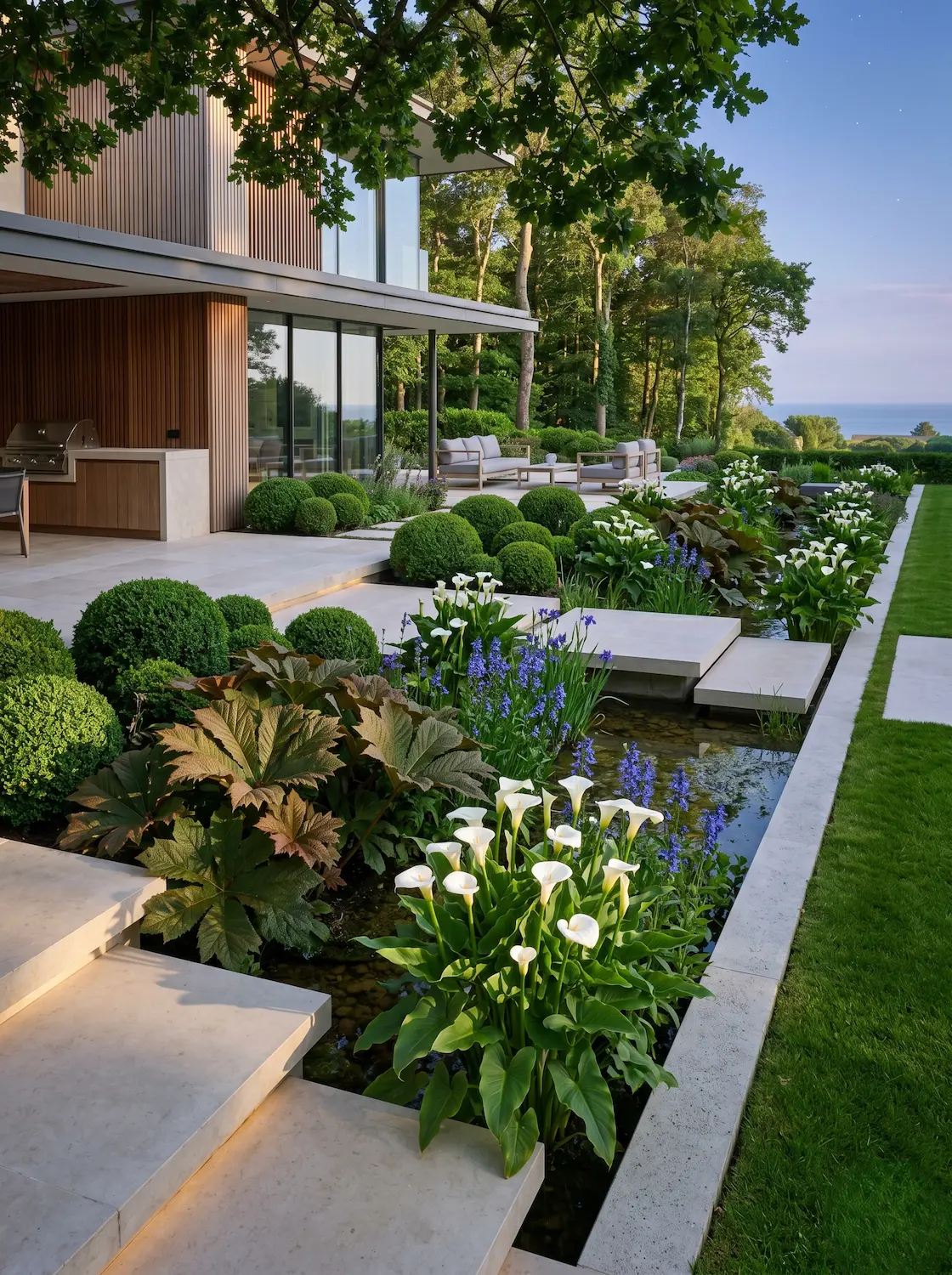 Rodgersia podophylla Lobelia siphilitica y esferas de Buxus | jardinesconestiloes Rodgersia Podophylla Lobelia Siphilitica Y Esferas De Buxus El Jardín Anfibio Arquitectura Vegetal En Terrenos Encharcados