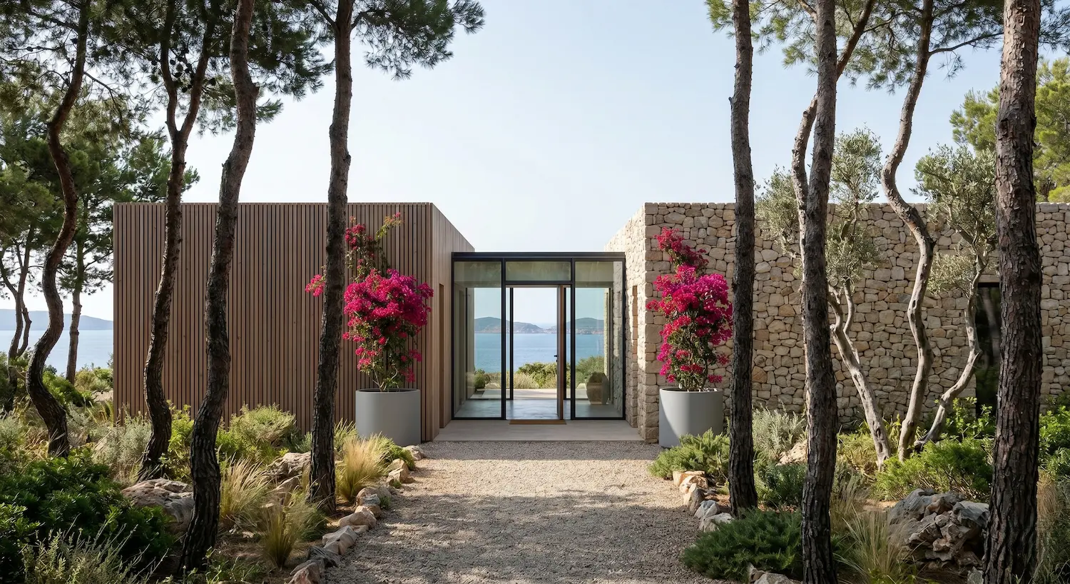 Vivienda moderna con lamas de madera y muro de piedra seca | jardinesconestiloes Vivienda Moderna Con Lamas De Madera Y Muro De Piedra Seca Paisajismo Costero Arquitectura Viento Y Matrices Botánicas Frente Al Mar