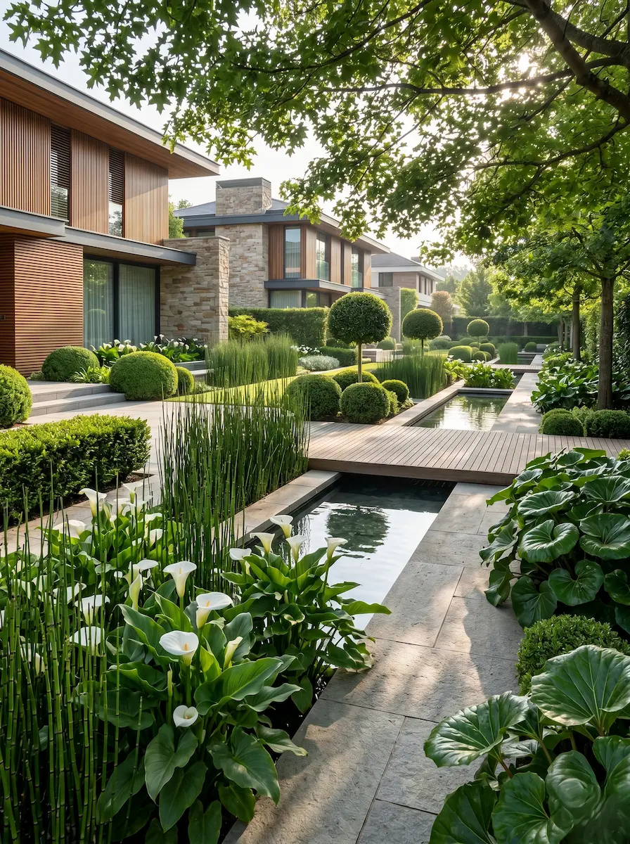 Zantedeschia Aethiopica Equisetum Hyemale Farfugium Japonicum Y Estructuración Perenne De Buxus Lirio Cala zantedeschia Aethiopica Luminosidad Escultural Y Arquitectura Del Agua