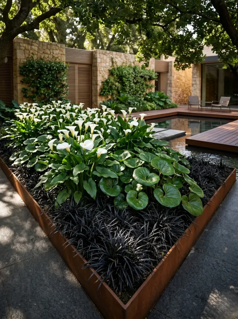 Zantedeschia aethiopica entrelazado con Farfugium japonicum y Ophiopogon negro