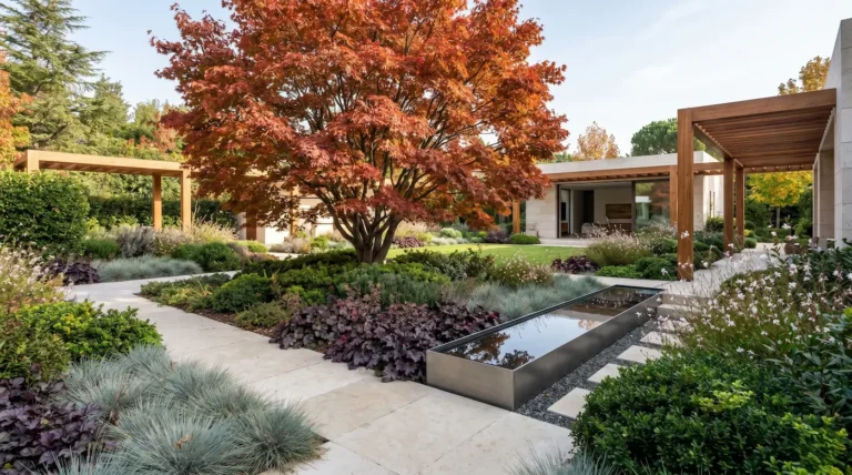 Amplio jardín contemporáneo de piedra caliza con un gran arce en tonos rojizos otoñales y el suelo cubierto de vegetación verde.