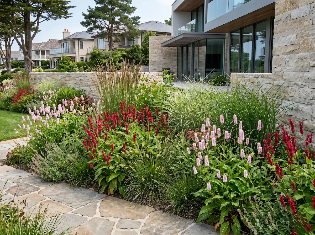 bistorta composición | jardinesconestiloes Bistorta Composición El Movimiento Estructural Bistorta Amplexicaulis En El Paisajismo Contemporáneo'Firedance' combinada con gramíneas y Persicaria 'Superba' frente a una villa contemporánea de piedra natural.