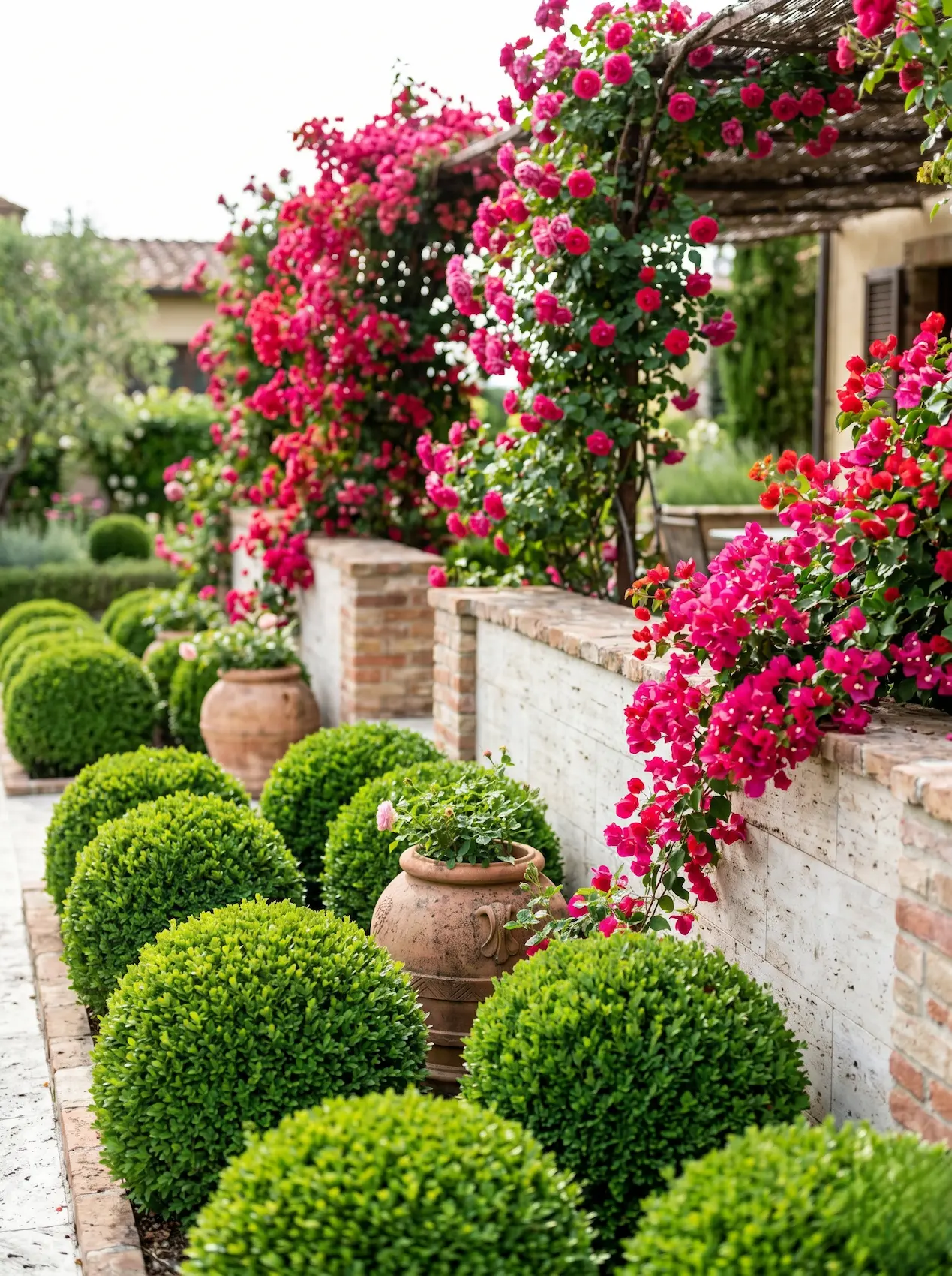 Boj Bola En Parterre Con Rosales Y Buganvilla En Pergola Toscana El Auténtico Jardín Toscano Materiales Nobles Geometría Clásica Y Vida Al Aire Libre