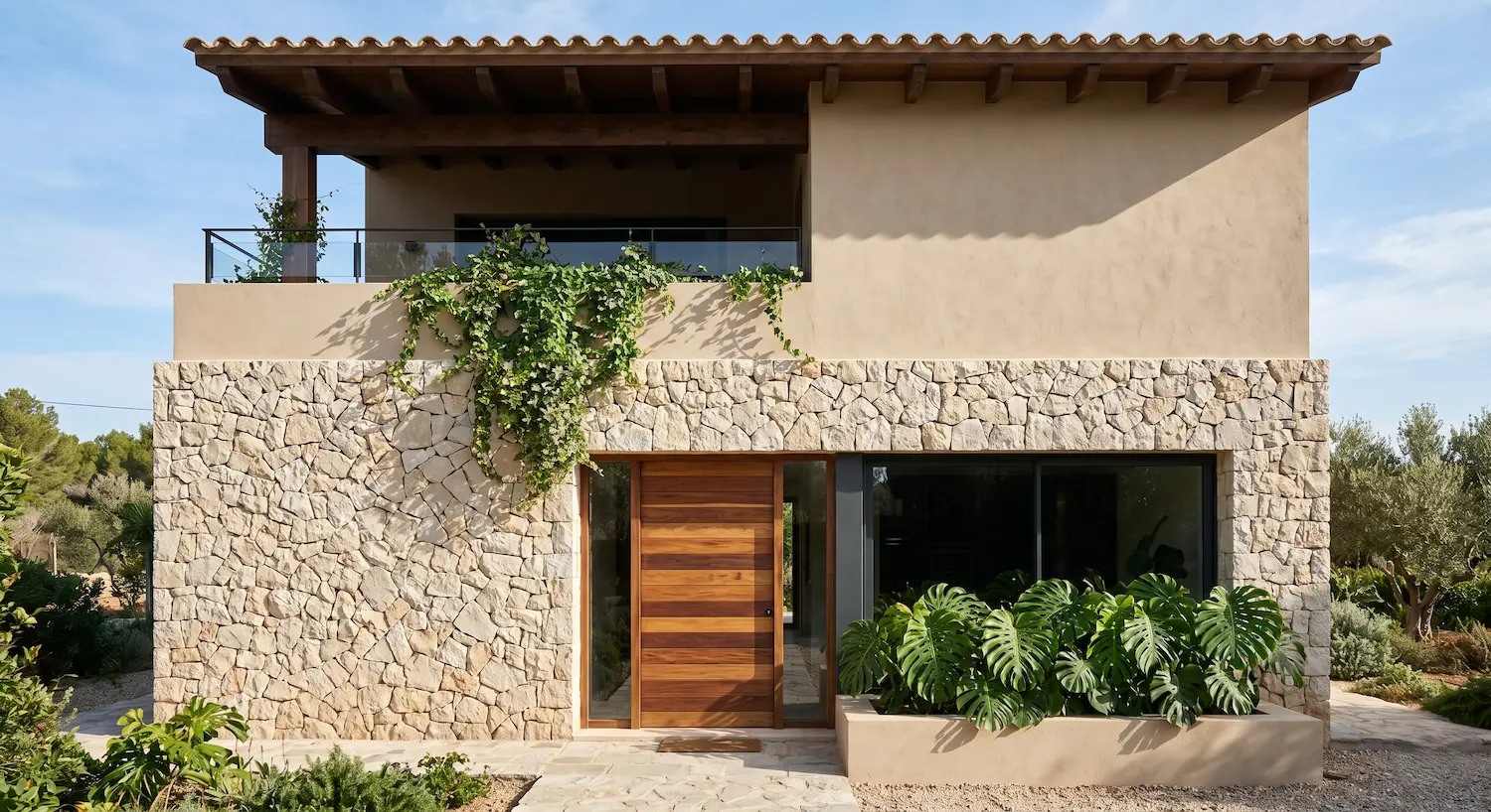 casa mixta piedra natural y estuco con carpinteria madera | jardinesconestiloes Casa Mixta Piedra Natural Y Estuco Con Carpinteria Madera Paramentos De Mampostería Integración Paisajística Y El Comportamiento De La Luz