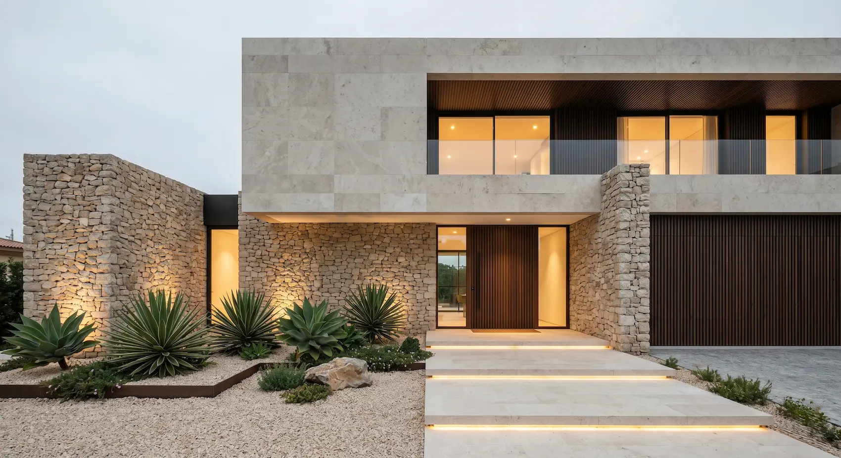 chalet con piedra natural y mármol con iluminación nocturna | jardinesconestiloes Chalet Con Piedra Natural Y Mármol Con Iluminación Nocturna Paramentos De Mampostería Integración Paisajística Y El Comportamiento De La Luz