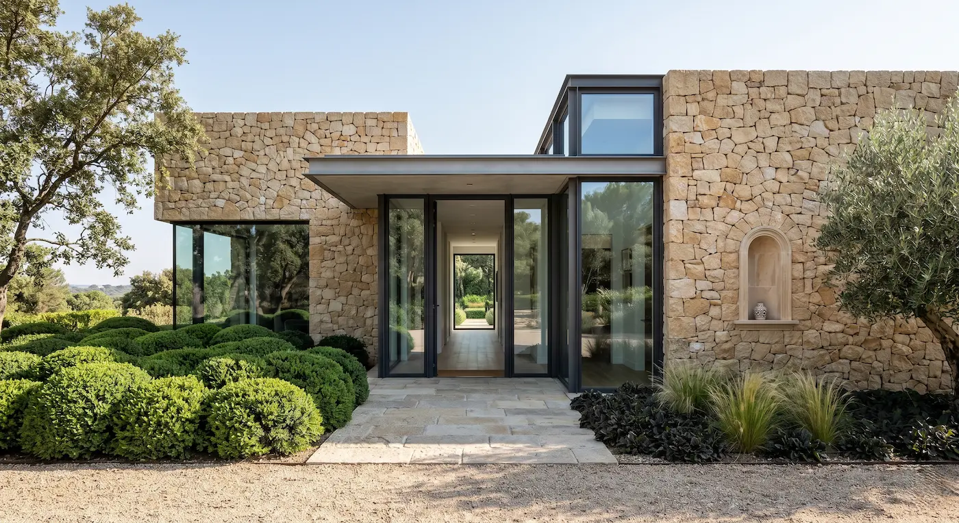chalet con piedra y ventanales cristal entrada diurno | jardinesconestiloes Chalet Con Piedra Y Ventanales Cristal Entrada Diurno Paramentos De Mampostería Integración Paisajística Y El Comportamiento De La Luz