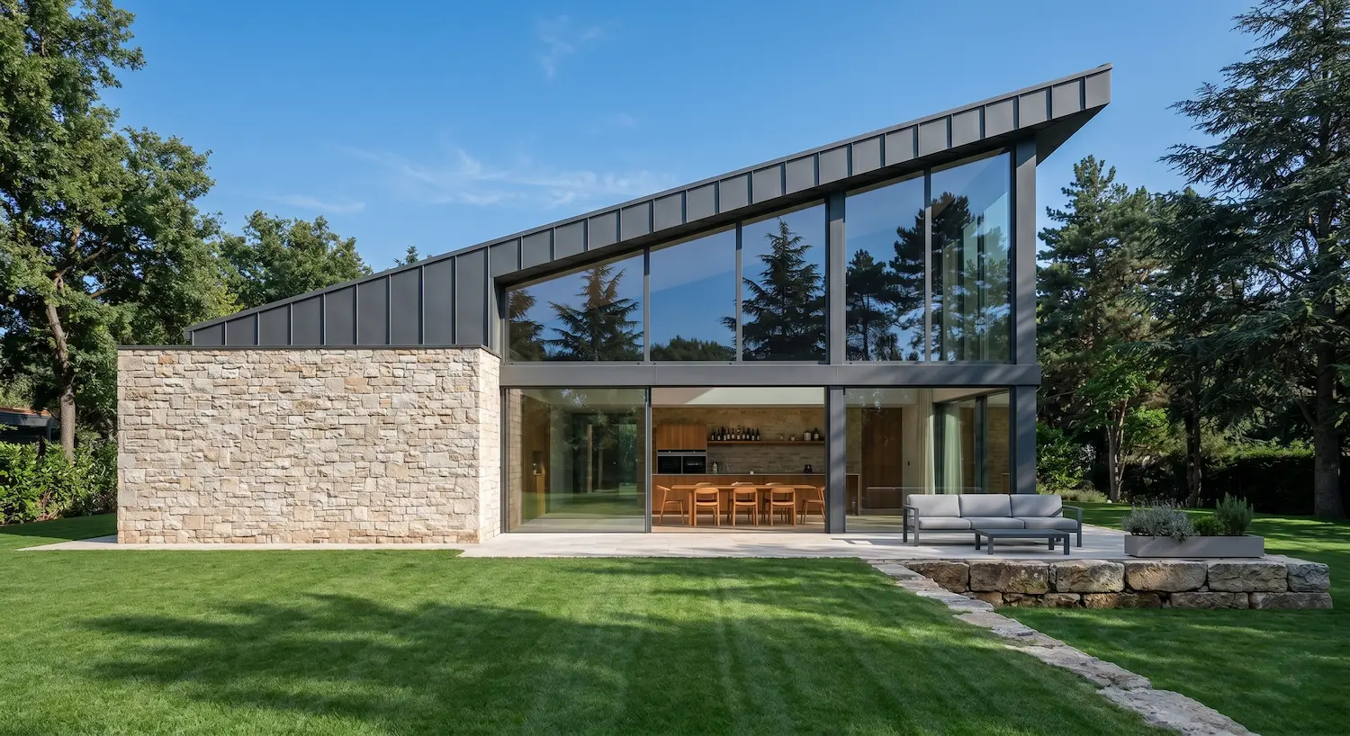 chalet moderno de piedra y cubierta a un agua con cristal dia | jardinesconestiloes Chalet Moderno De Piedra Y Cubierta a Un Agua Con Cristal Dia Paramentos De Mampostería Integración Paisajística Y El Comportamiento De La Luz