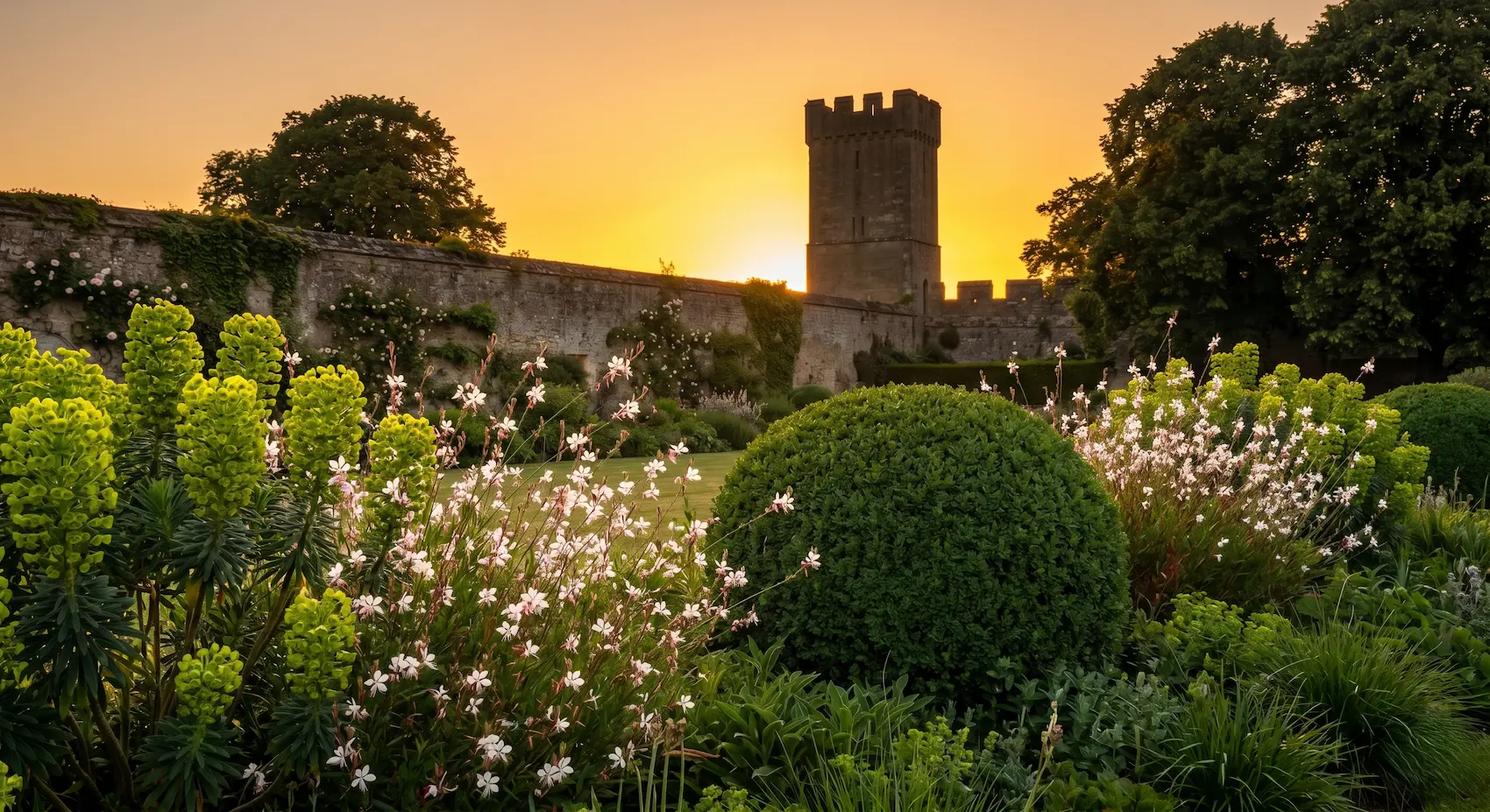 composición boj gauras y characias con castillo de fondo | jardinesconestiloes Composición Boj Gauras Y Characias Con Castillo De Fondo Un Paseo Por La Campiña Inglesa Tres Ejemplos De Maestría Paisajística