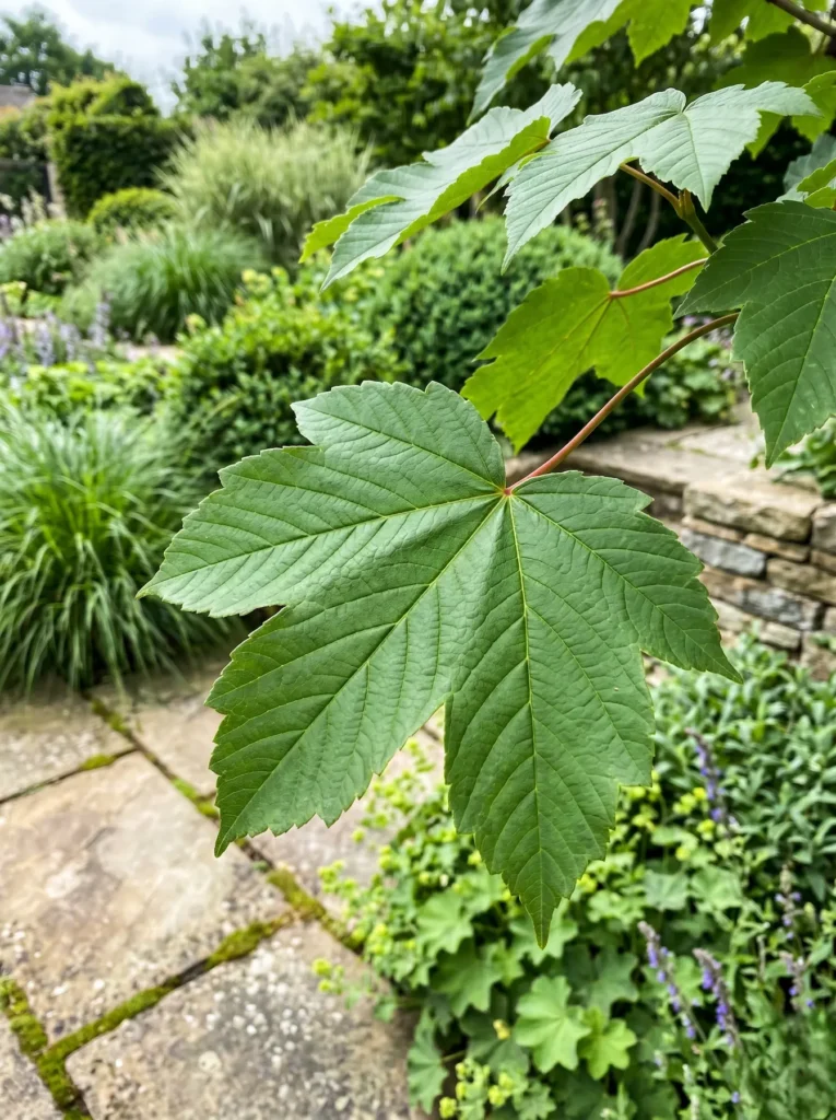Detalle Hoja Acer Pseudoplatanus Arces Ibéricos Color Otoñal Y Estructura En El Jardín Contemporáneo