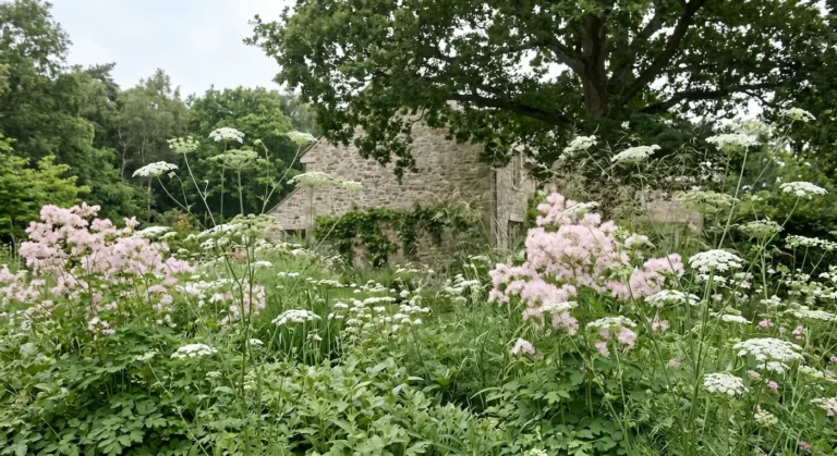 Fachada histórica de mampostería de piedra vista a través de un denso primer plano botánico de inflorescencias blancas caladas de Ammi majus y tonos rosados suaves.