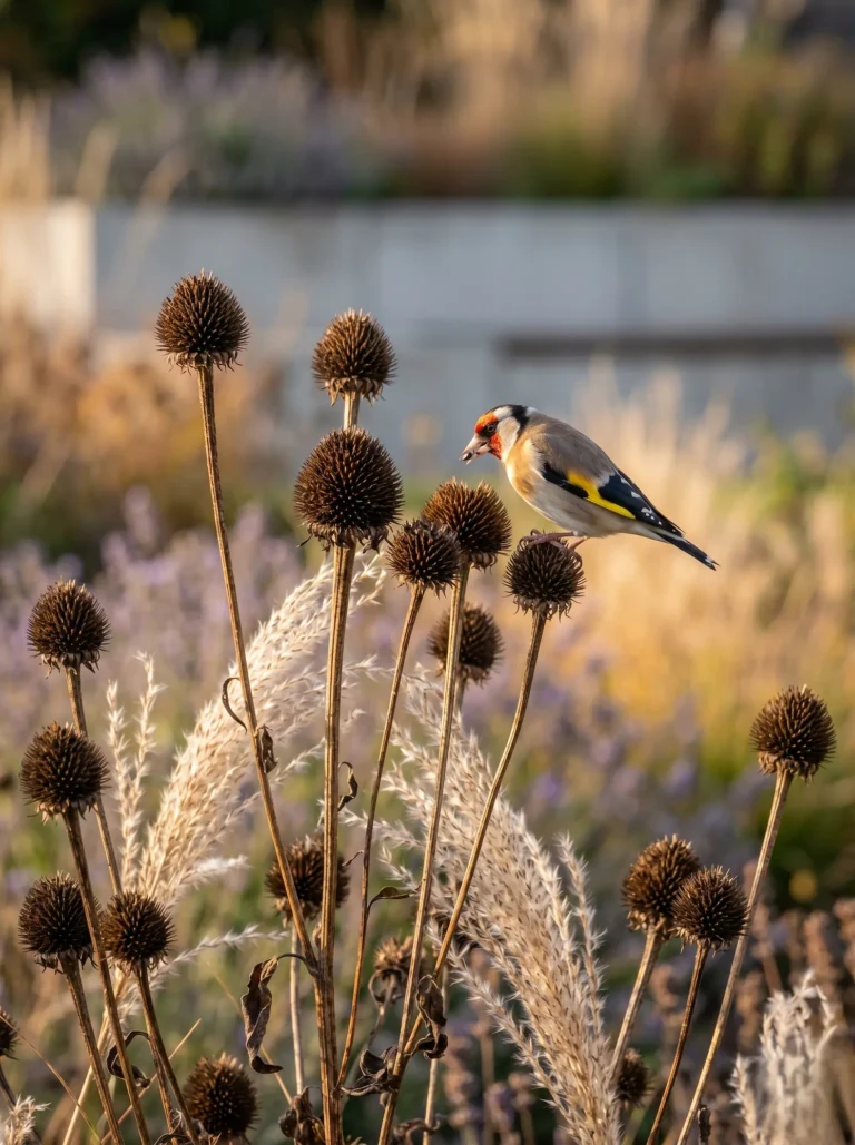 Primer plano de un jilguero alimentándose de cabezas de semillas secas de Echinacea purpúrea en invierno, frente a un muro de contención contemporáneo de hormigón desenfocado.