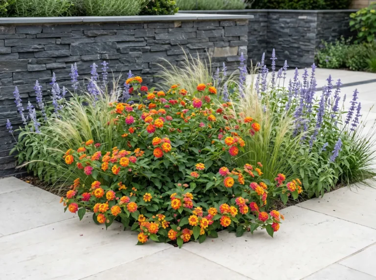 Plano medio bajo luz natural diurna, mostrando la floración multicolor de Lantana camara integrada orgánicamente junto a Salvia farinacea frente a un muro de piedra pizarra.