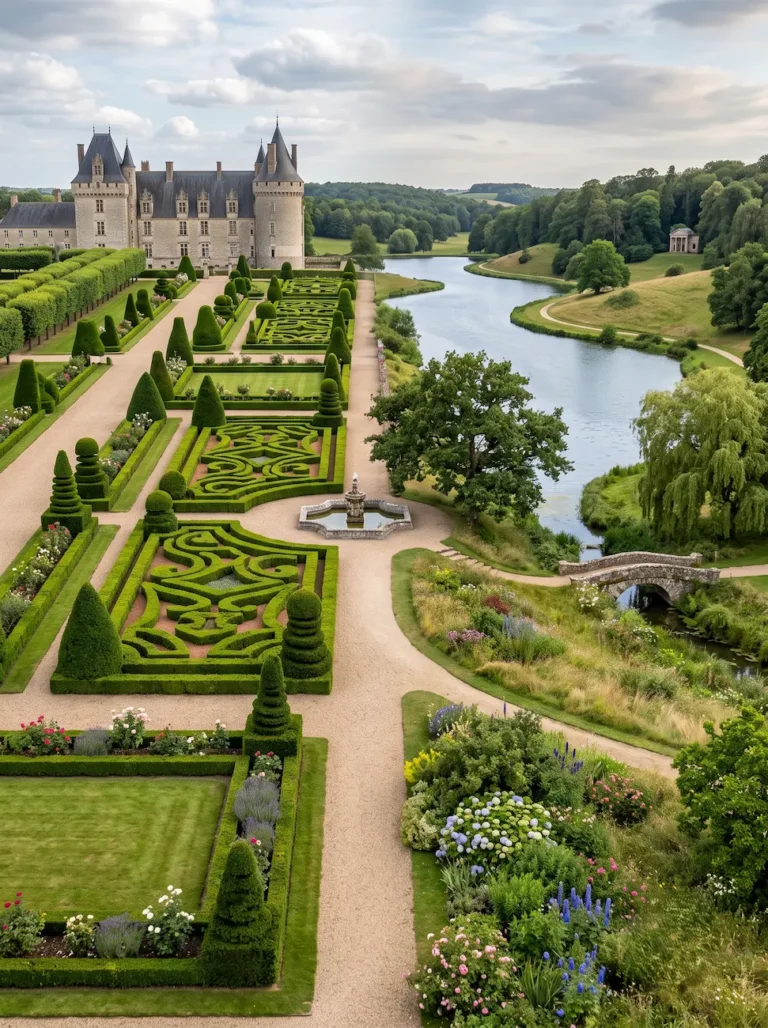 Contraste visual entre la estricta simetría racionalista de un parterre francés y las suaves colinas de un sobrecogedor jardín romántico inglés.