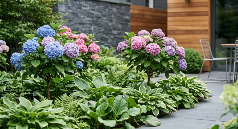 Plano medio de composición de Hydrangea macrophylla con inflorescencias esféricas en umbría, rodeada en su base por masas limpias de Hostas y helechos frente a un paramento de pizarra gris liso.