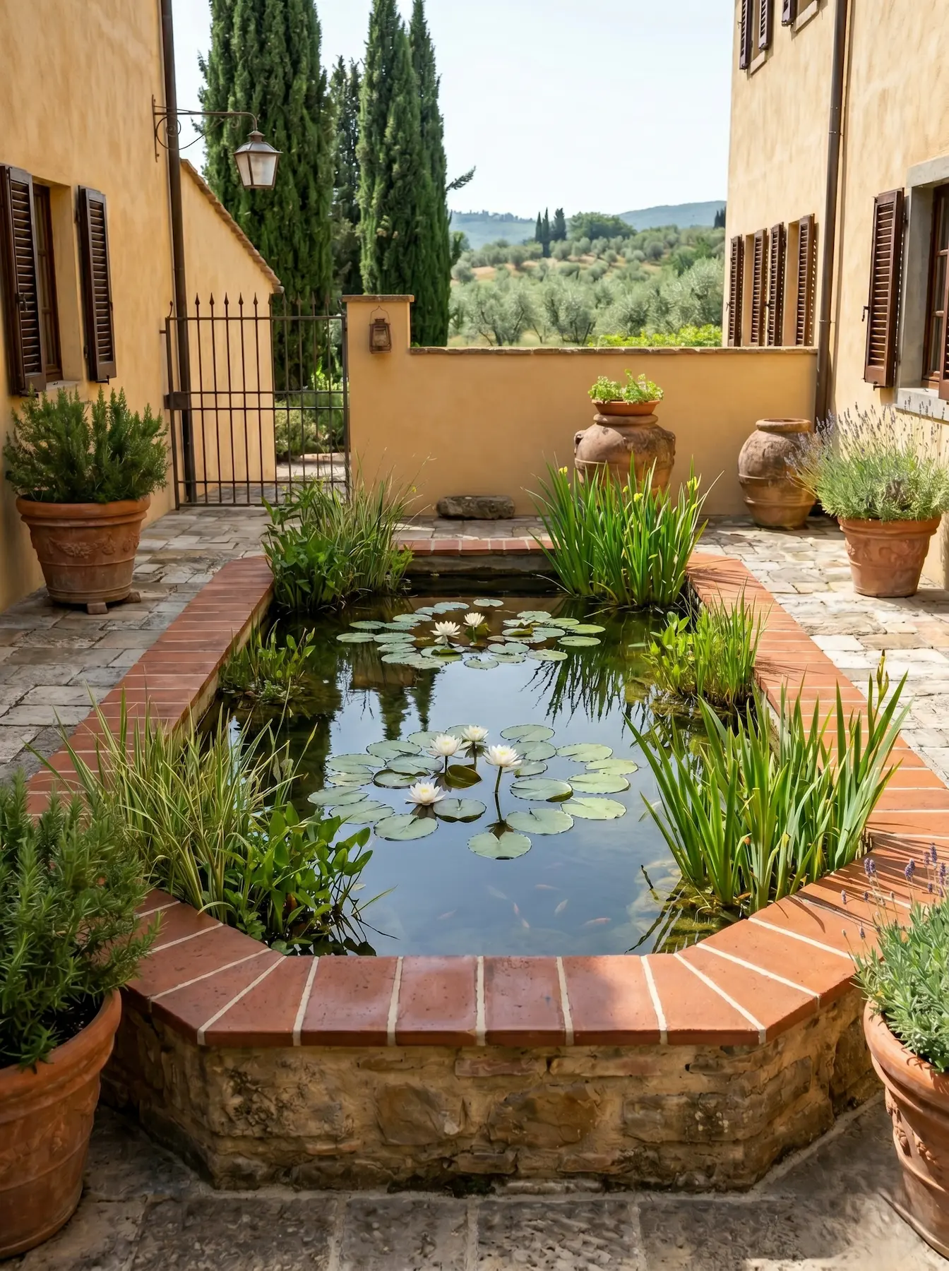 Patio En Casa Toscana Con Estanque Y Acuaticas El Auténtico Jardín Toscano Materiales Nobles Geometría Clásica Y Vida Al Aire Libre