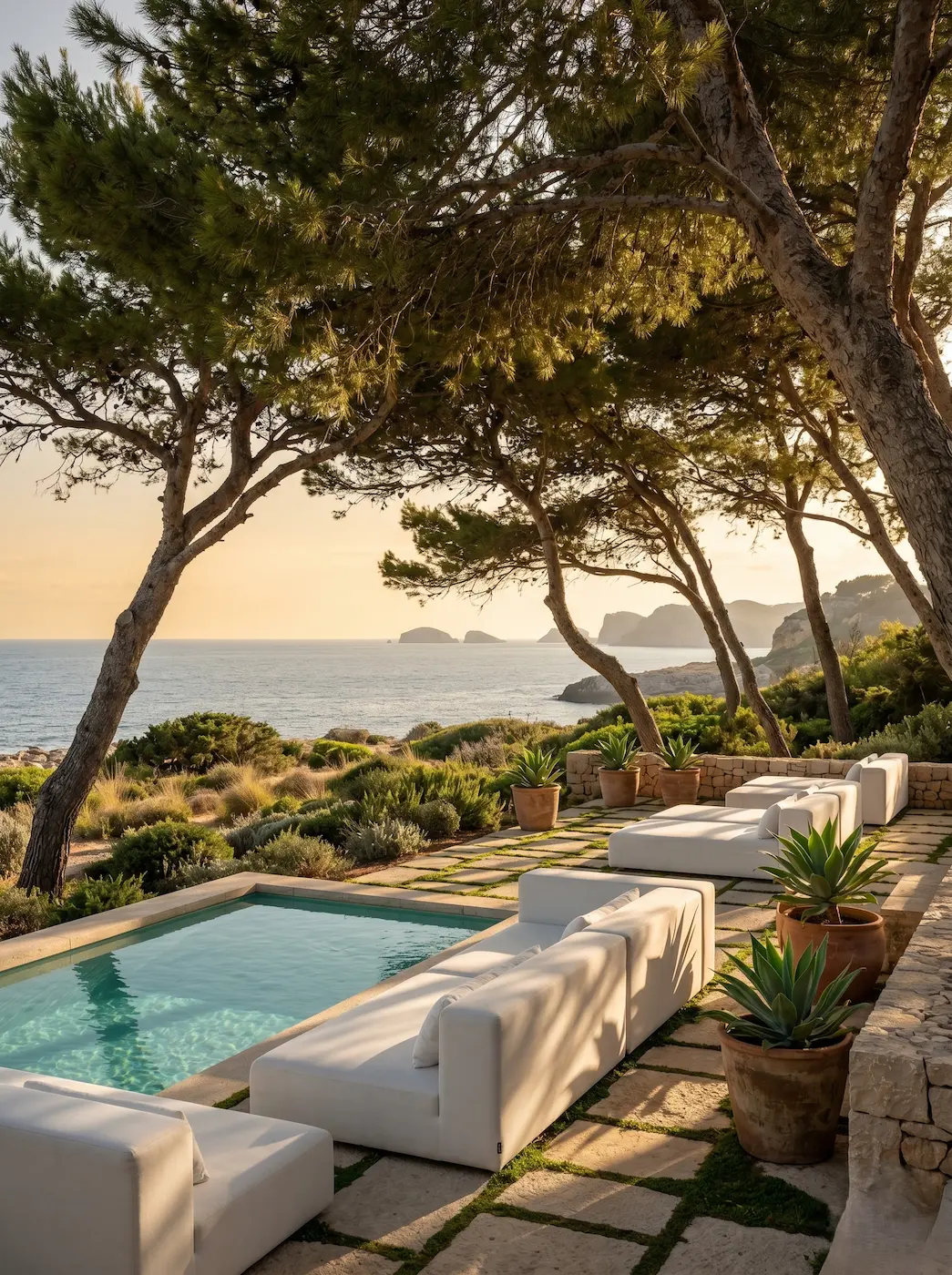 pavimentos geométricos y sofás blancos | jardinesconestiloes Pavimentos Geométricos Y Sofás Blancos Paisajismo Costero Arquitectura Viento Y Matrices Botánicas Frente Al Mar