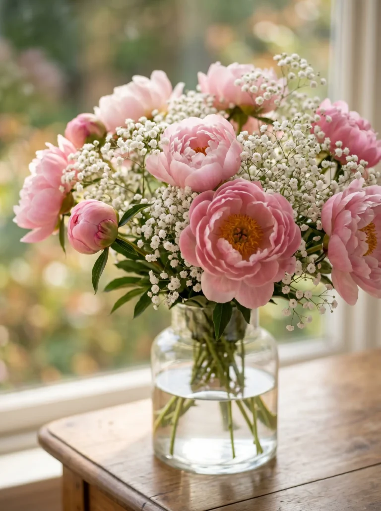 Romántico centro de mesa en un jarrón de cristal con flores frescas de peonía rosa (Paeonia lactiflora) y ramas ligeras de paniculata blanca (Gypsophila paniculata) sobre una mesa de madera.