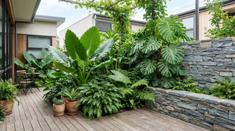 Plano medio ambiental bajo luz natural diurna, mostrando la transición entre el salón y un invernadero acristalado, lleno de plantas selváticas en macetas de diseño moderno y neutral.